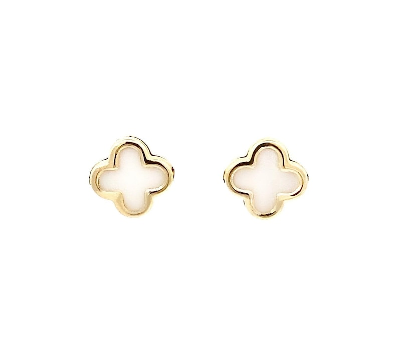 14K Yellow Gold White Enamel Clover Stud Earrings