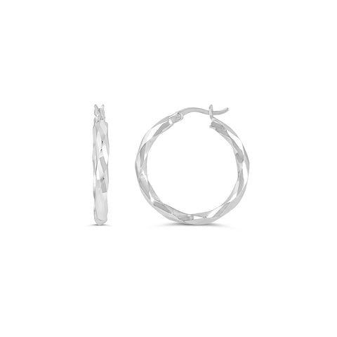 10K White Gold Diamond Cut Twisted Hoop Earrings