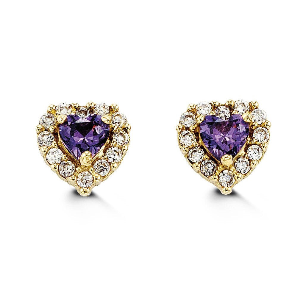 14K Yellow Gold Purple Cubic Zirconia Heart Stud Earrings