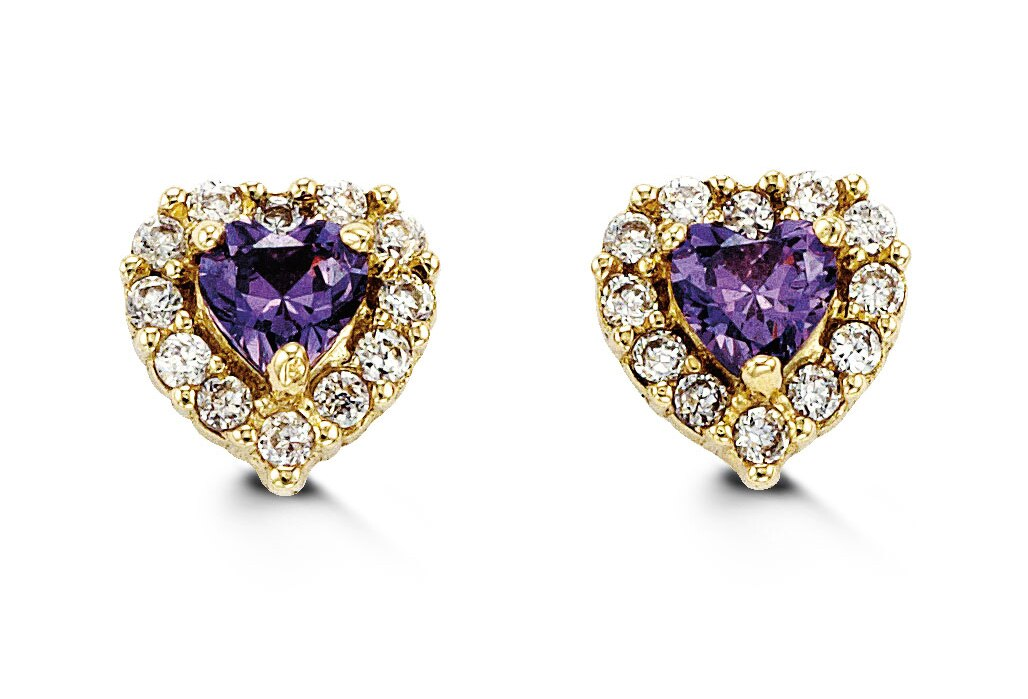 14K Yellow Gold Purple Cubic Zirconia Heart Stud Earrings