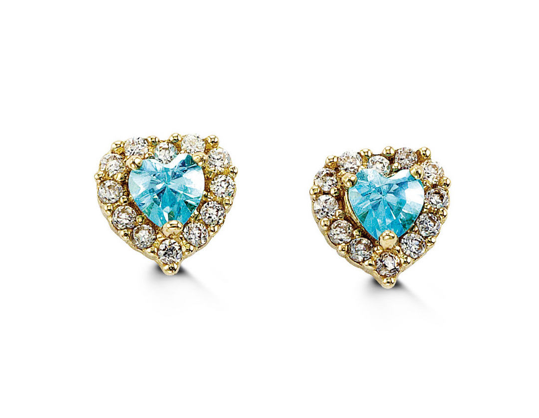 14K Yellow Gold Blue Cubic Zirconia Heart Stud Earrings