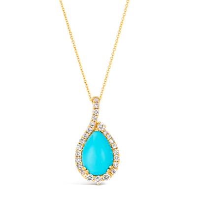 14K Yellow Gold Pear Cabochon Turquoise & Diamond Halo Necklace by Le Vian