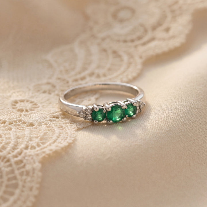 Estate 14K White Gold 0.51CTW Emerald & Diamond Three Stone Ring