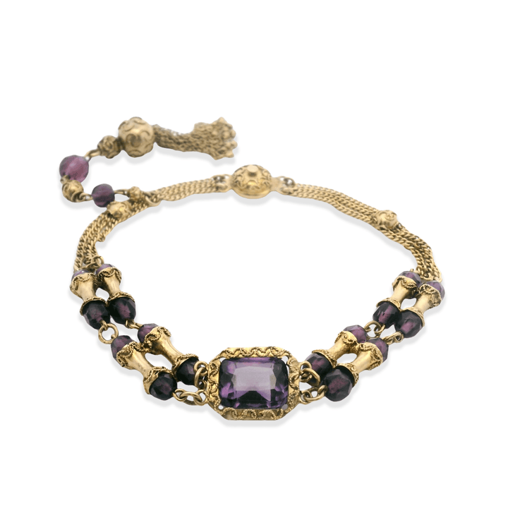 Estate 10K Yellow Gold Purple Glass Victorian Archaeological Revival Bracelet