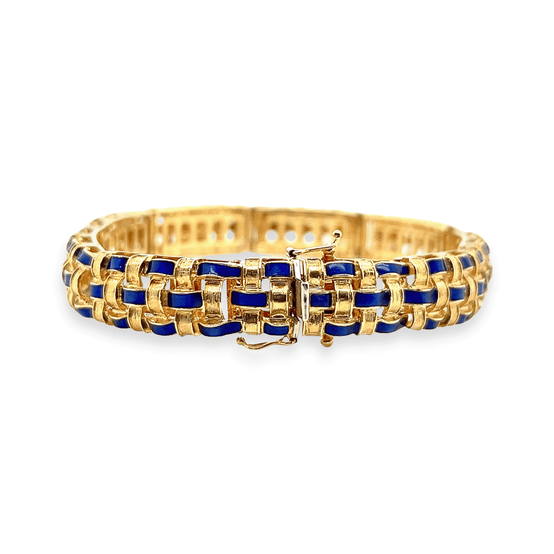 Estate 18K Yellow Gold Blue Enamel Vintage Basketweave Bracelet