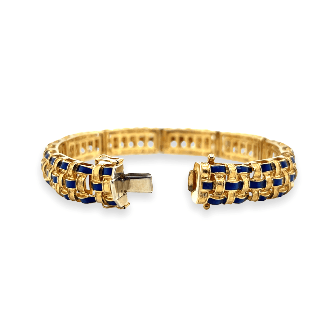 Estate 18K Yellow Gold Blue Enamel Vintage Basketweave Bracelet