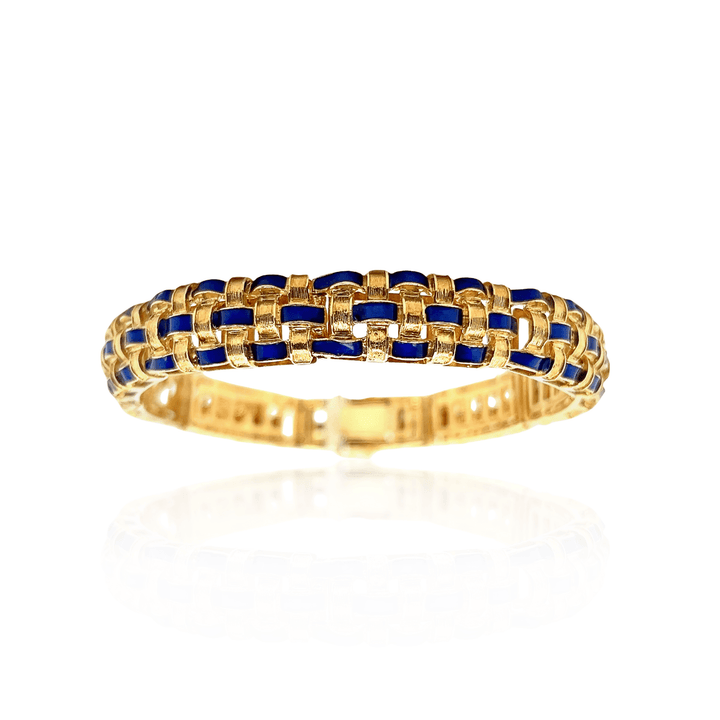 Estate 18K Yellow Gold Blue Enamel Vintage Basketweave Bracelet