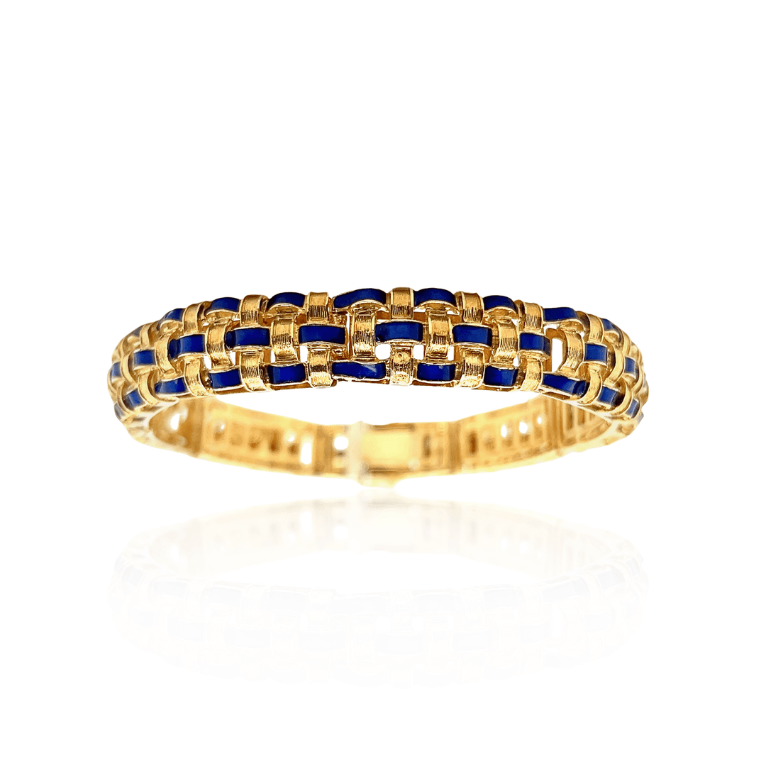 Estate 18K Yellow Gold Blue Enamel Vintage Basketweave Bracelet - AS-IS