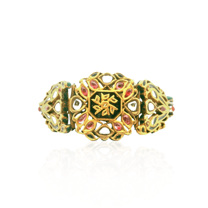 Estate Gold-Filled Kundan-Style Pink Sapphire, Polki Diamond and Enamel Hinged Bracelet