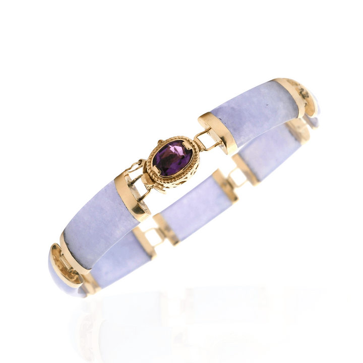 Estate 14K Yellow Gold 0.69CTW Dyed Purple Jadeite & Amethyst Link Bracelet