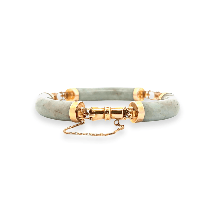 Estate 18K Yellow Gold Natural Jadeite Link Vintage Bracelet with Bow & Floral Motif
