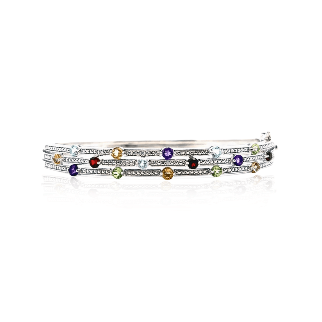 Estate Sterling Silver 1.81CTW Multi-Gemstone & Diamond Bangle Bracelet