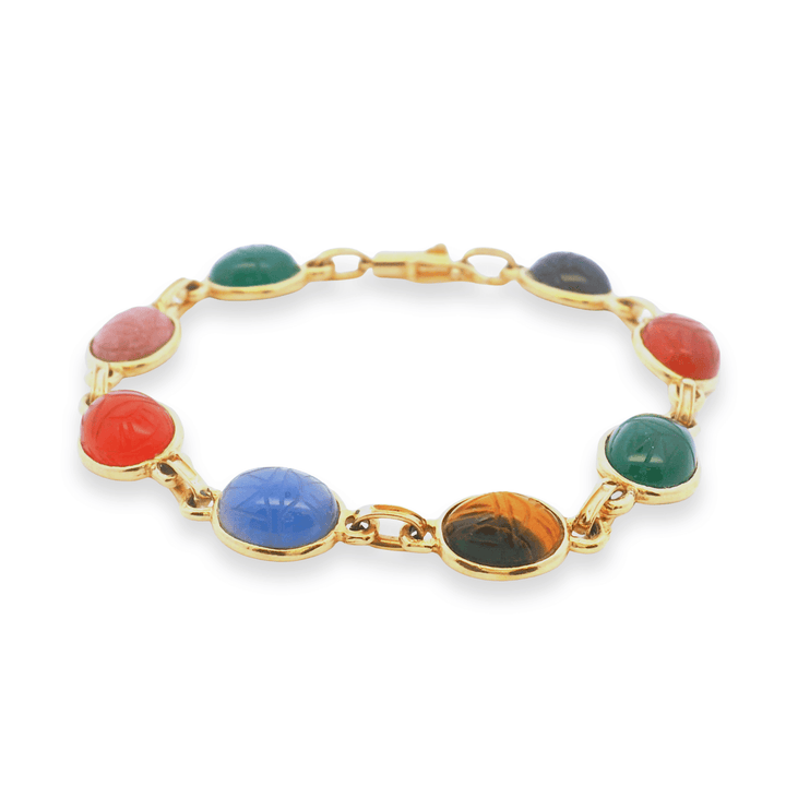 Estate 14K Yellow Gold Carved Multi-Gemstone Vintage Scarab Bracelet from the Egyptian Revival Era
