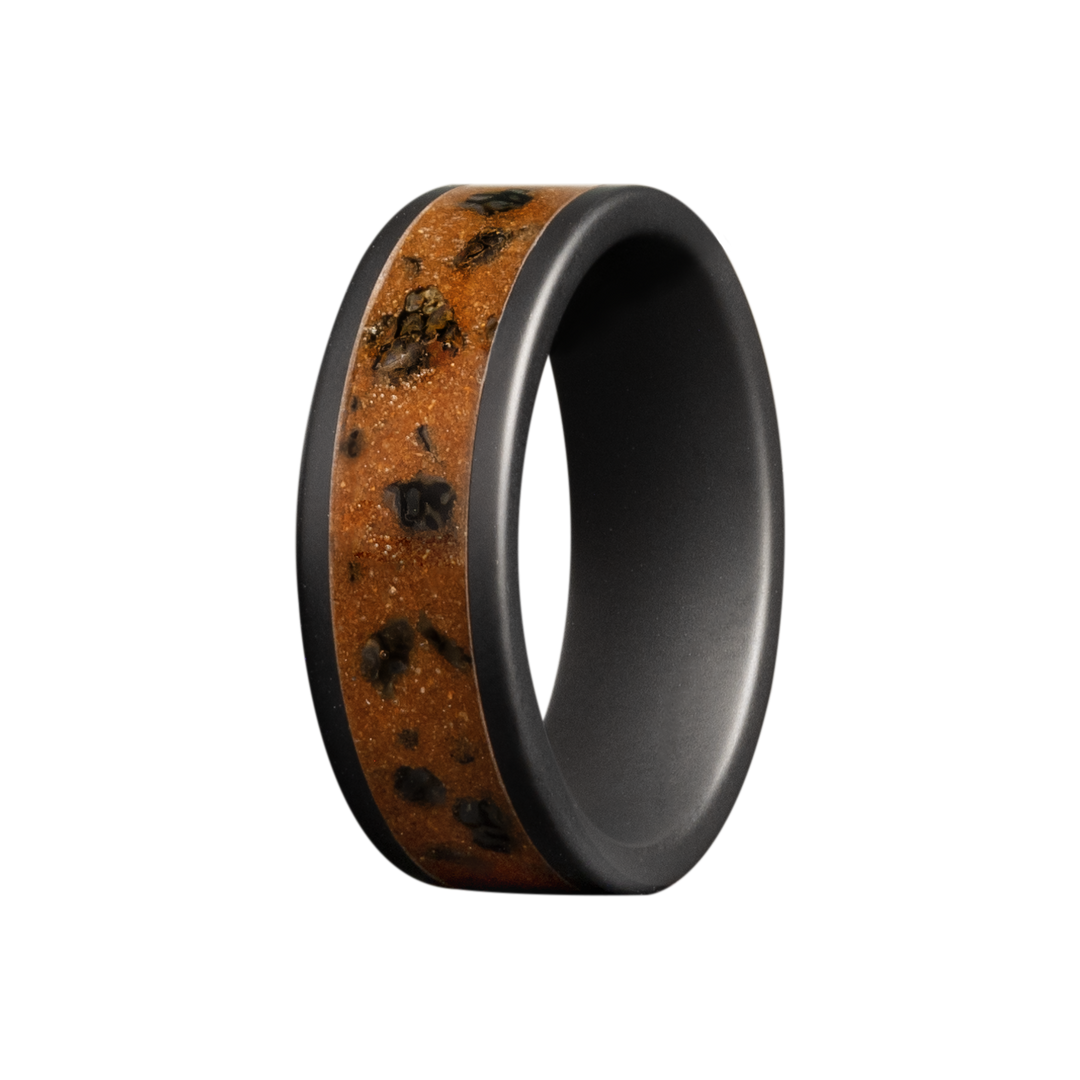 Black Ceramic Men's Wedding Band with Red Sand and Dinosaur Bone