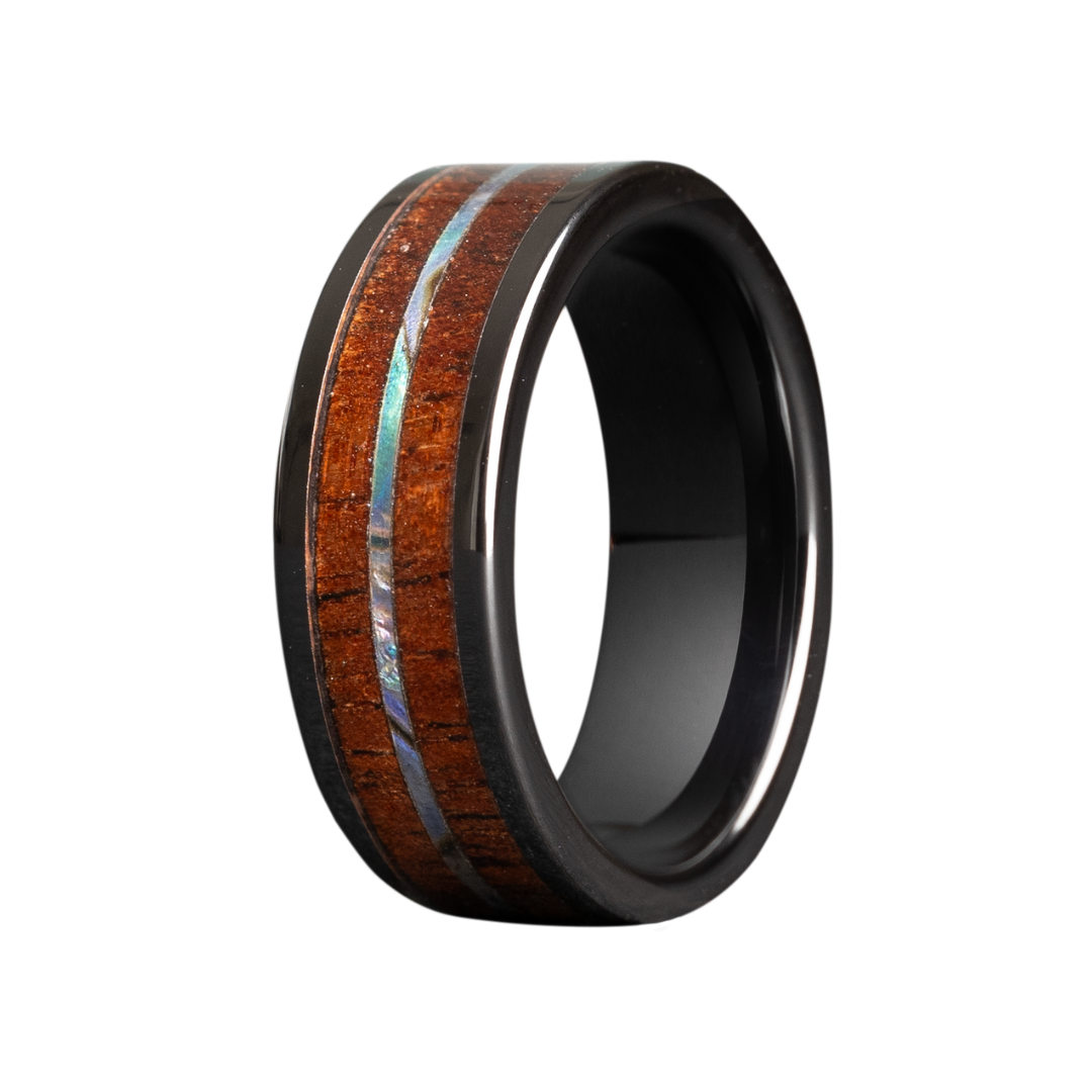 Black Ceramic Men's Wedding Band with Koa Wood and Abalone Inlay