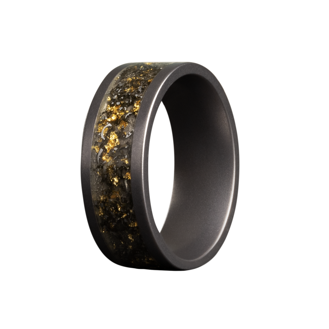 Tungsten Men's Wedding Band with Black Sand, Gold Flake, and Meteorite Inlay