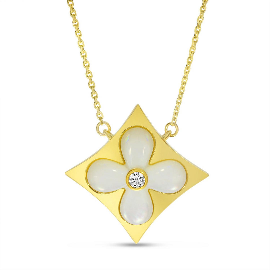 14K Yellow Gold Diamond & Mother of Pearl Flower Necklace by Brevani