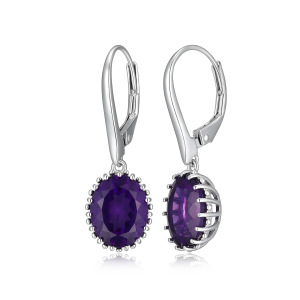 Sterling Silver Rhodium Plated 10x9mm Oval Amethyst Drop Earrings