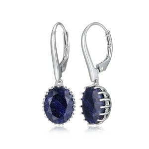 Sterling Silver Rhodium Plated 10x9mm Oval Blue Dyed Sapphire Dangle Earrings