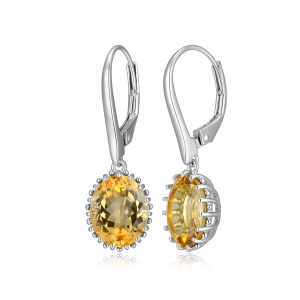 Sterling Silver Rhodium Plated 10x9mm Oval Citrine Drop Earrings