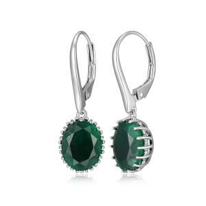 Sterling Silver Rhodium Plated 10x9mm Oval Emerald Drop Earrings