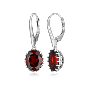 Sterling Silver Rhodium Plated 10x9mm Oval Garnet Drop Earrings