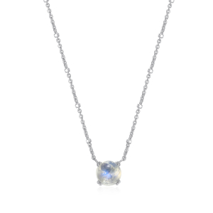 Sterling Silver Rhodium Plated Round Rainbow Moonstone Solitaire with 18" Chain
