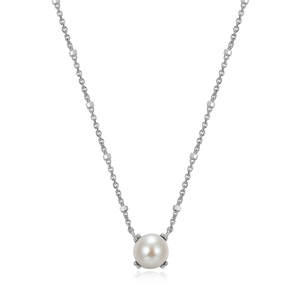 Sterling Silver Rhodium Plated Round White Pearl Sparkle Solitaire with 18" Chain