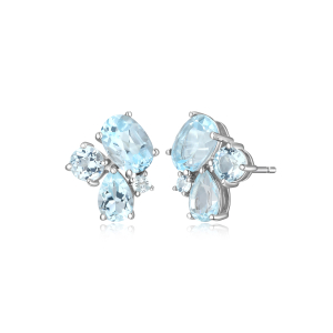 Sterling Silver Rhodium Plated Blue Topaz Cluster Stud Earrings