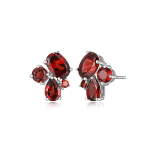 Sterling Silver Rhodium Plated Garnet Cluster Stud Earrings