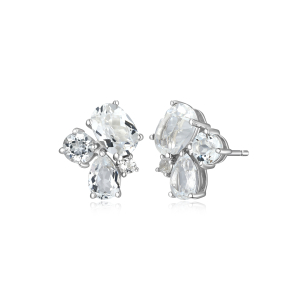Sterling Silver Rhodium Plated White Topaz Cluster Stud Earrings