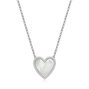 Sterling Silver Rhodium Plated Mother of Pearl Endless Love Heart Necklace 18"
