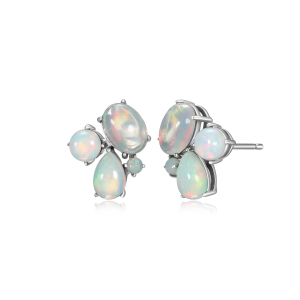 Sterling Silver Rhodium Plated Opal Cluster Stud Earrings