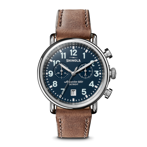 Shinola Runwell 41mm Chronograph Midnight Blue Dial Leather Strap Men's Watch