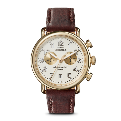 Shinola Runwell 41mm Chronograph Ivory Dial Brown Leather Strap Men's Watch