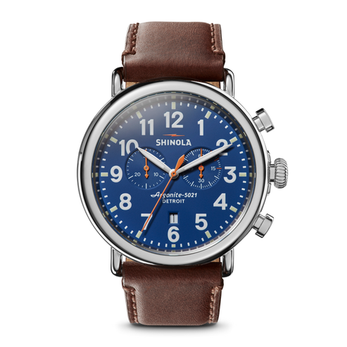 Shinola Runwell 47mm Chronograph Blue Dial Brown Leather Strap Men's Watch