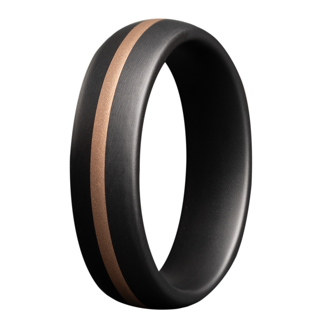 6mm Black Ceramic Dome Matte Men's Wedding Band - 18K Rose Gold Inlay Design by Heavy Stone Rings
