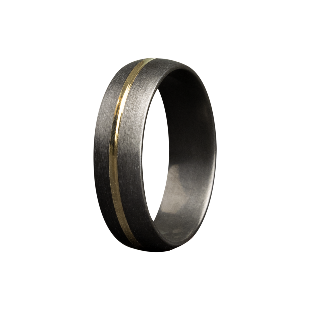 6mm Minimalist Zirconium Dome Satin Men's Wedding Band - 14K Yellow Gold Inlay Design by Heavy Stone Rings