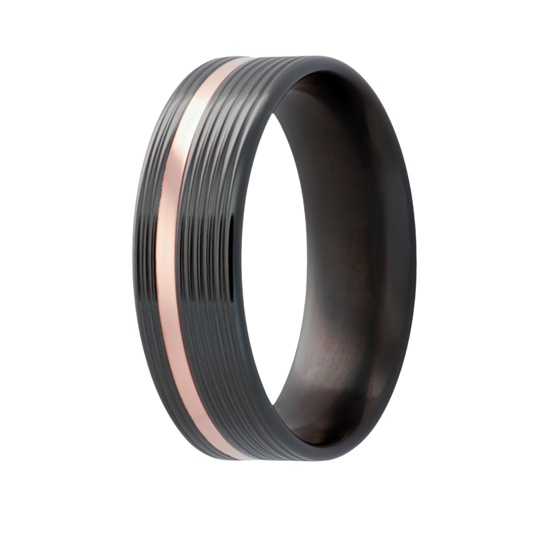 7mm Zirconium Flat Machine Finish Men's Wedding Band - 14K Rose Gold Inlay Design by Heavy Stone Rings