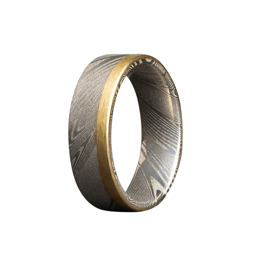 7mm Twisted Damascus Flat Men's Wedding Band - 14K Yellow Gold Edge Design by Heavy Stone Rings