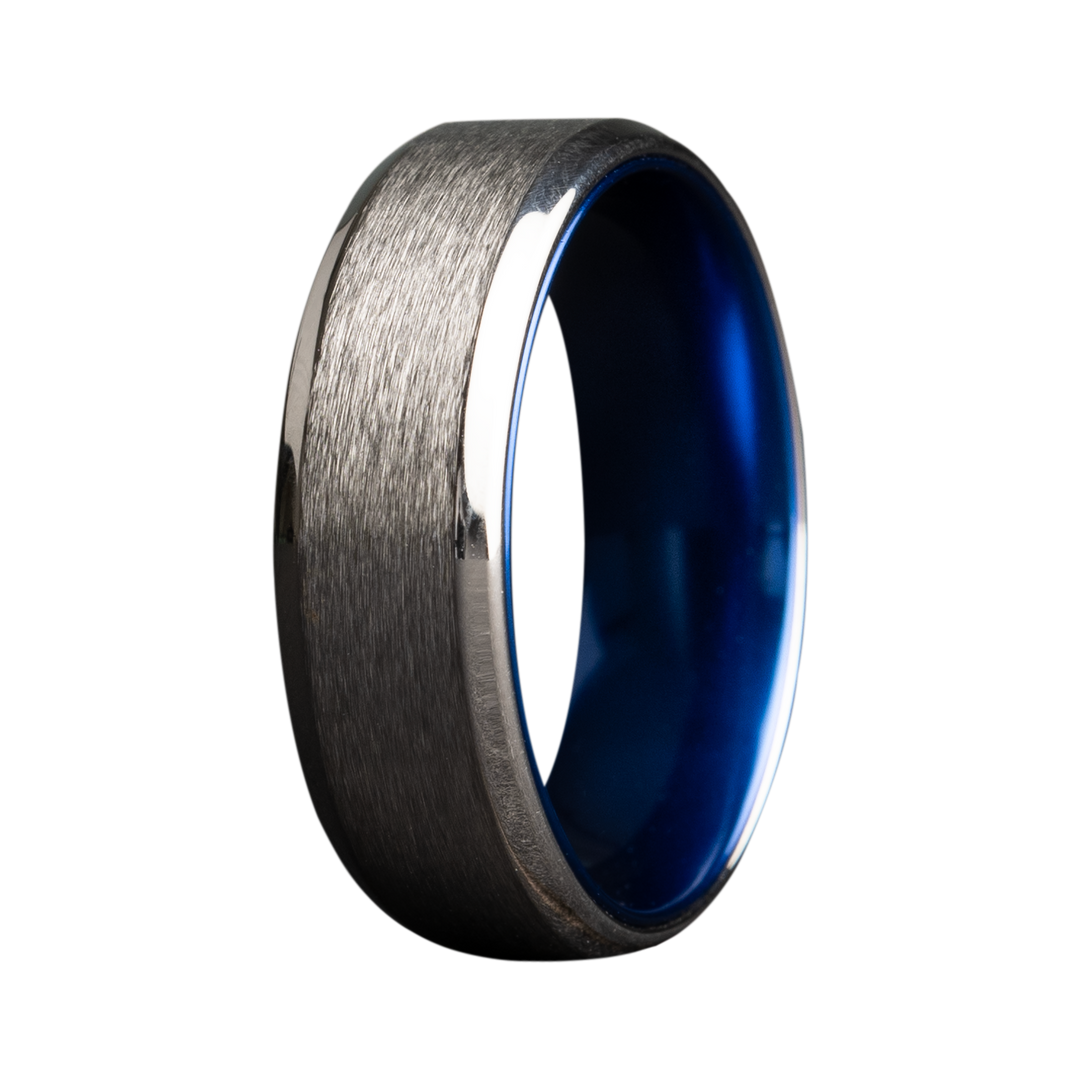 7mm Cobalt Beveled Satin Center Men's Wedding Band - Blue Anodized Sleeve Design by Heavy Stone Rings