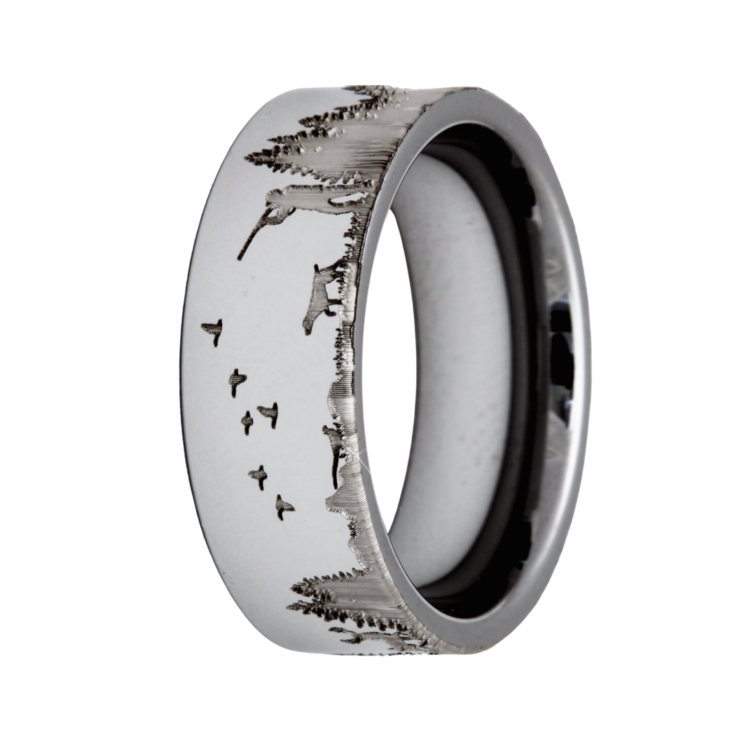 8mm Tungsten Flat Men's Wedding Band - Hunting Scene Engraving Design by Heavy Stone Rings