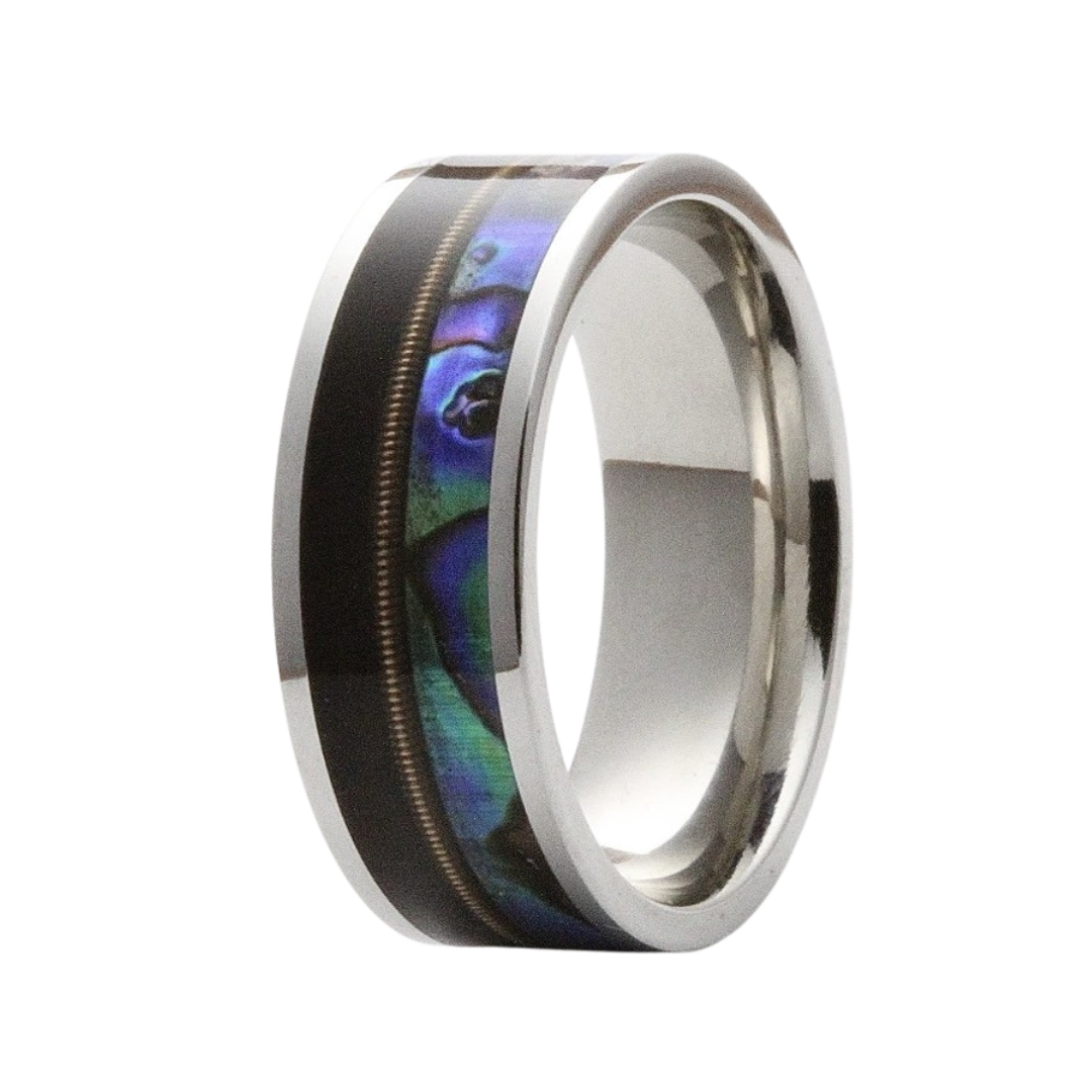 8mm Cobalt Multi-Inlay Men's Wedding Band - Abalone, Guitar String & Ebony Wood Design by Heavy Stone Rings
