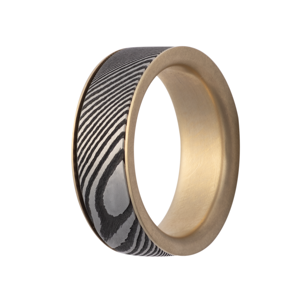 7mm Damascus Spinner Ring - 14K Yellow Gold Interior Sleeve Design by Heavy Stone Rings