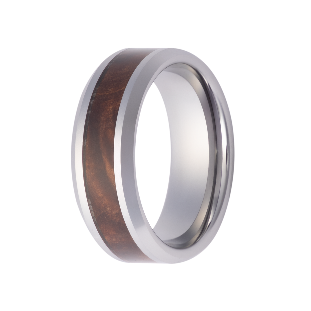 8mm Tungsten Beveled High Polish Men's Wedding Band - Burl Wood Inlay Design by Heavy Stone Rings