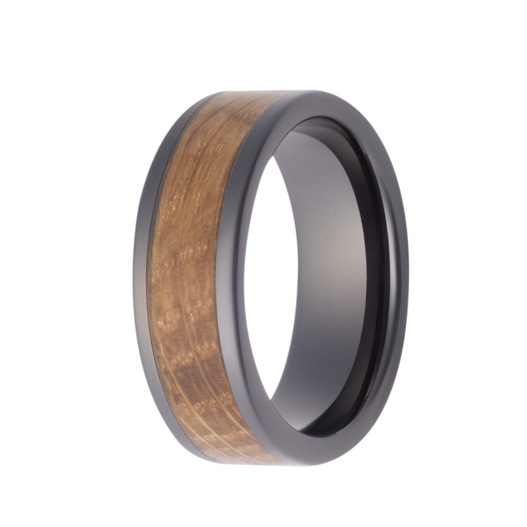8mm Ceramic High Polish Men's Wedding Band - Whiskey Wood Inlay Design by Heavy Stone Rings