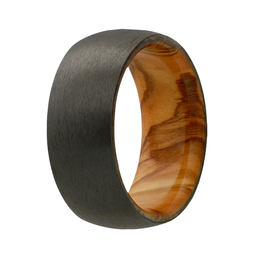 7mm Zirconium Dome Satin Finish Men's Wedding Band - Olive Wood Sleeve Design by Heavy Stone Rings