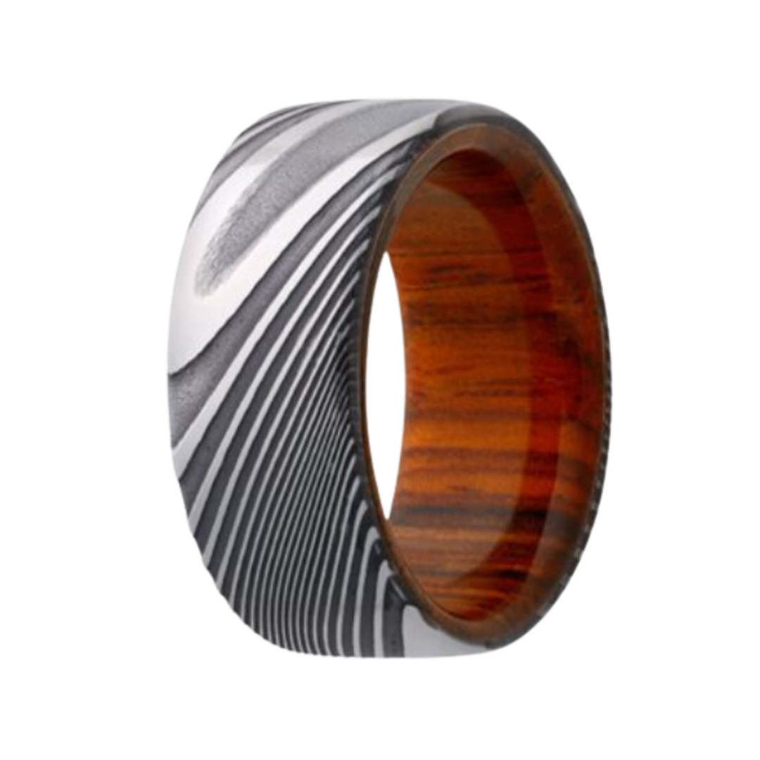 8mm Twisted Damascus High Polish Men's Wedding Band - Cocobolo Wood Sleeve Design by Heavy Stone Rings