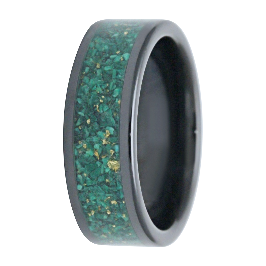 8mm Ceramic Men's Wedding Band - Crushed Malachite and Gold Leaf Inlay Design by Heavy Stone Rings