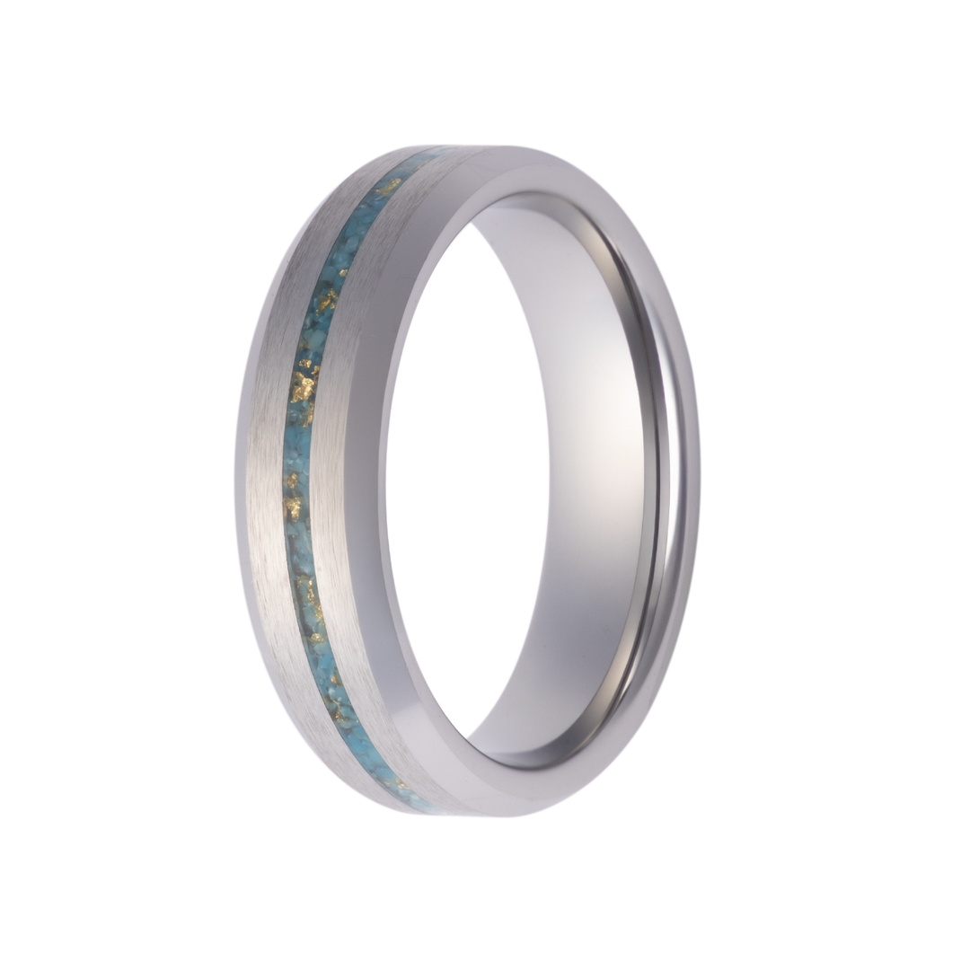 6mm Tungsten Beveled Satin Men's Wedding Band - Turquoise and Gold Leaf Center Inlay Design by Heavy Stone Rings